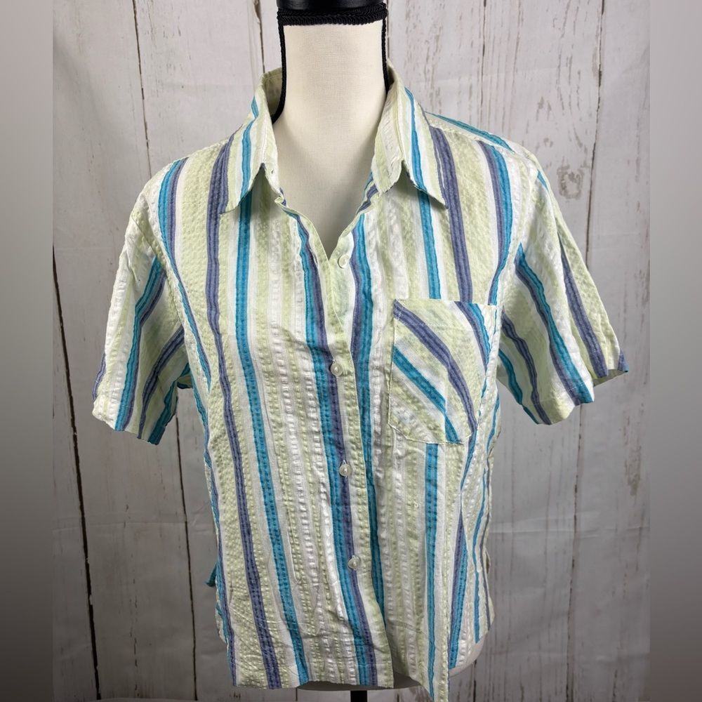NWT Sara Studio Women’s Button-Up Shirt Striped Green Blue Short Sleeve Pocket